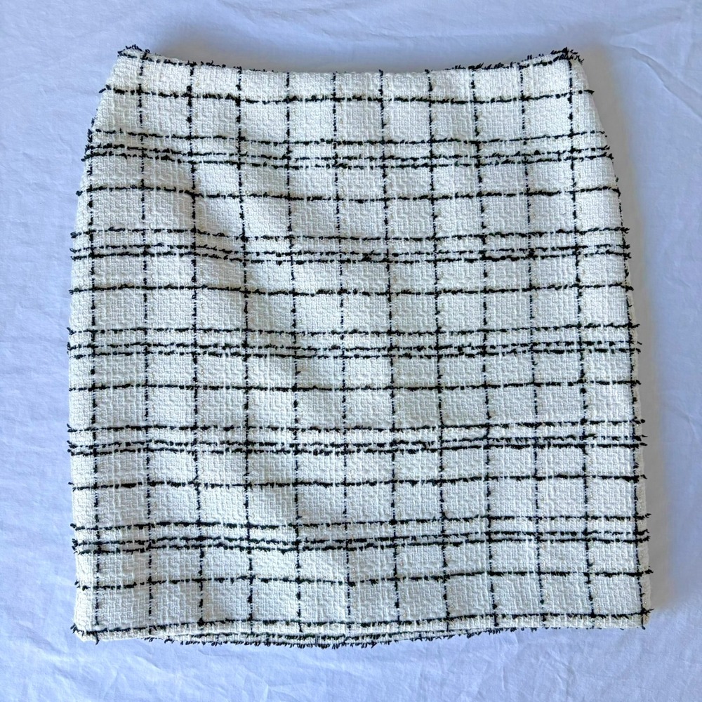 White House Black Market Womens White Windowpane Plaid Tweed Mini Skirt Size 0